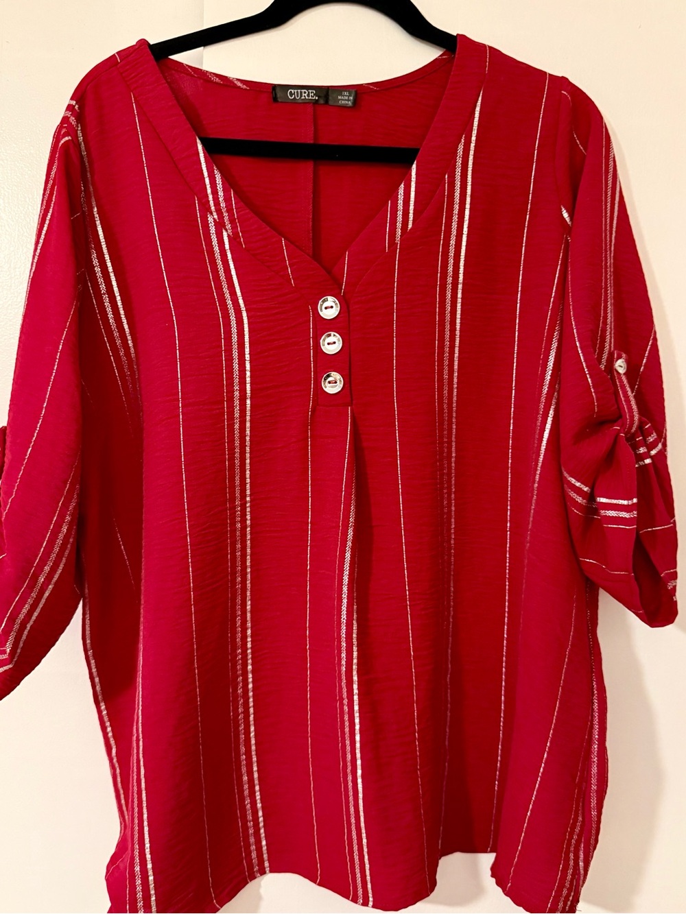 Women's Red Striped Roll-Tab Sleeve V-Neck Blouse Plus Size 1XL